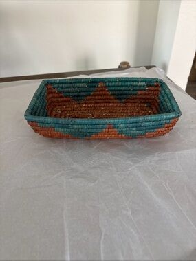 Handcrafted Oblong Wicker Coiled Turquoise Orange 10”Basket